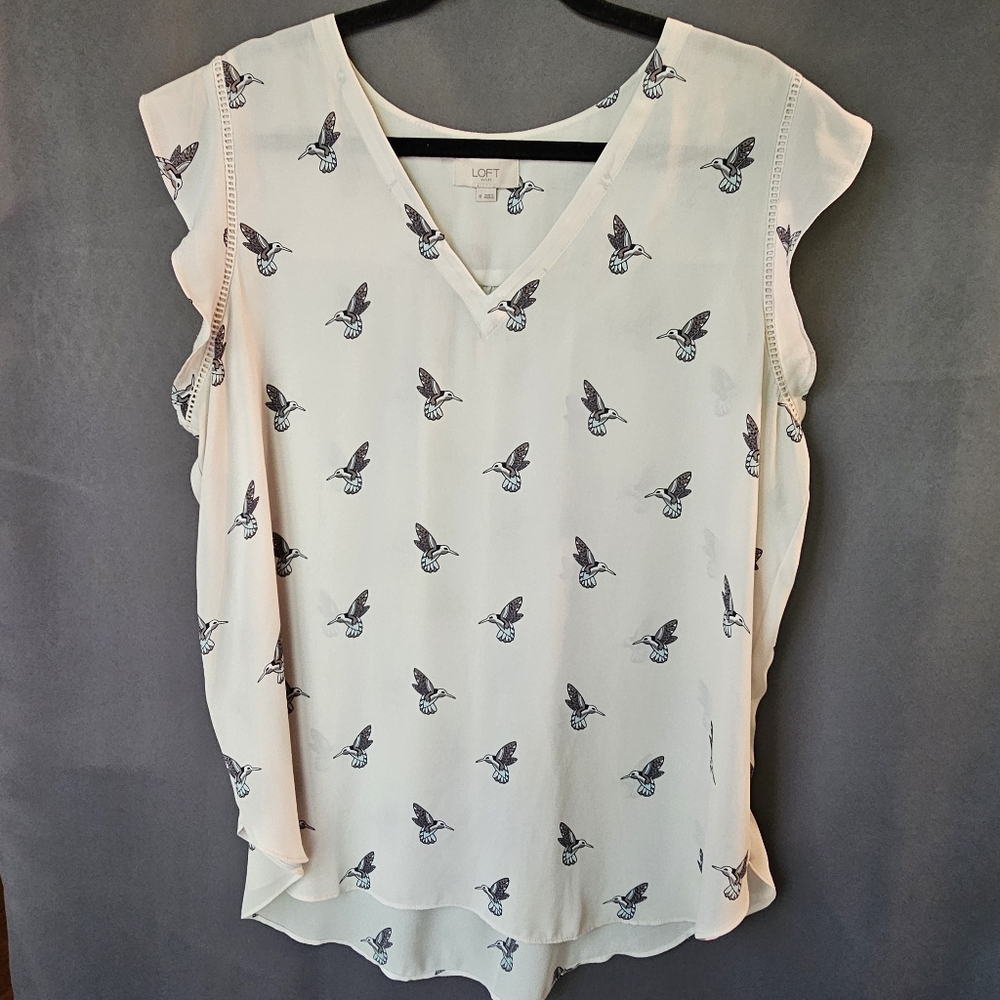 LOFT White Blouse with Bird Print